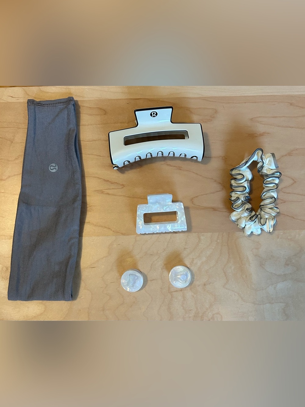 lululemon Gray Headband with White Pearl Hair Claws and Cream and Gray Scrunchie